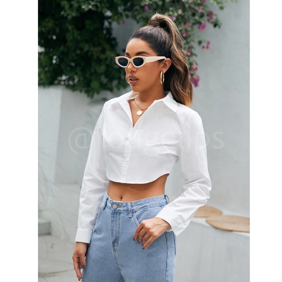 100% Cotton White Crop Button Up Down Long Sleeve Collared Shirt - Picture 2 of 7